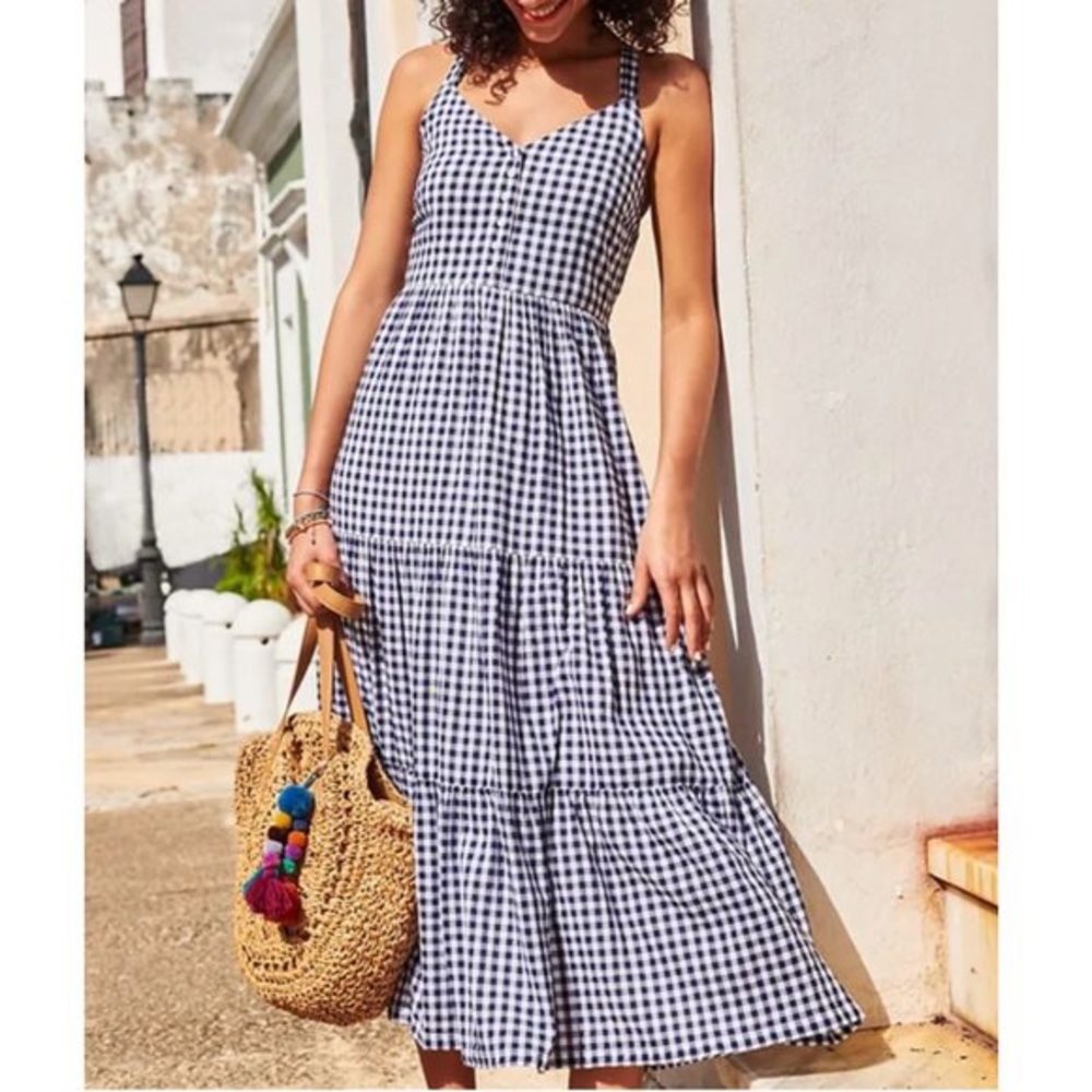 Old Navy large navy gingham fit and flare tiered maxi dress